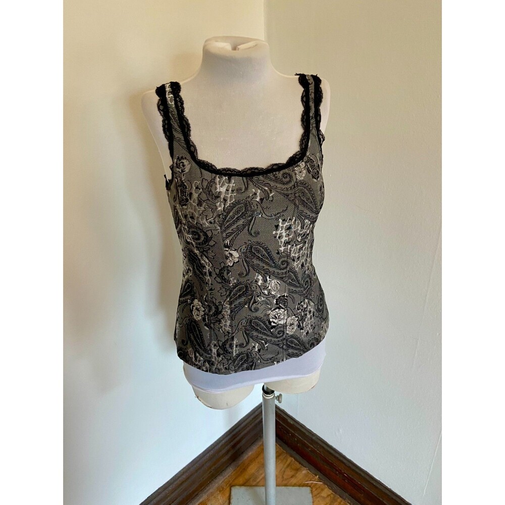 White House Black Market Floral Jacquard Corset Tank Paisley Top y2k Lace Bone